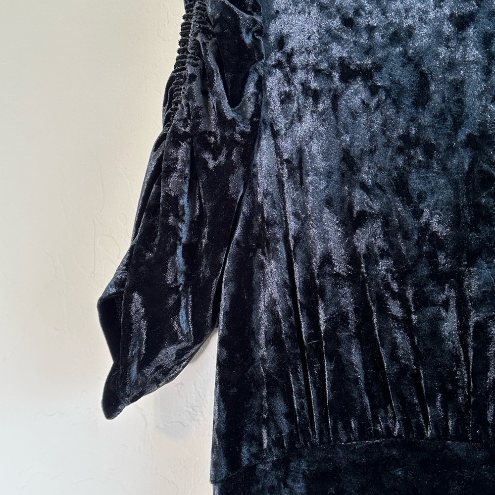 Crushed Black Velvet Vintage Tiered Maxi Dress with Rouched Sleeves Sz S - Picture 5 of 13
